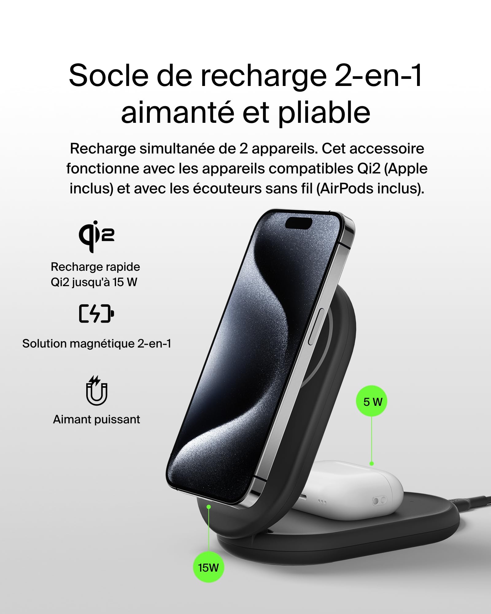 belkin-boostcharge-socle-de-recharge-2-en-1-pliable-qi2-15w-magsafe-iphone-airpo image 2
