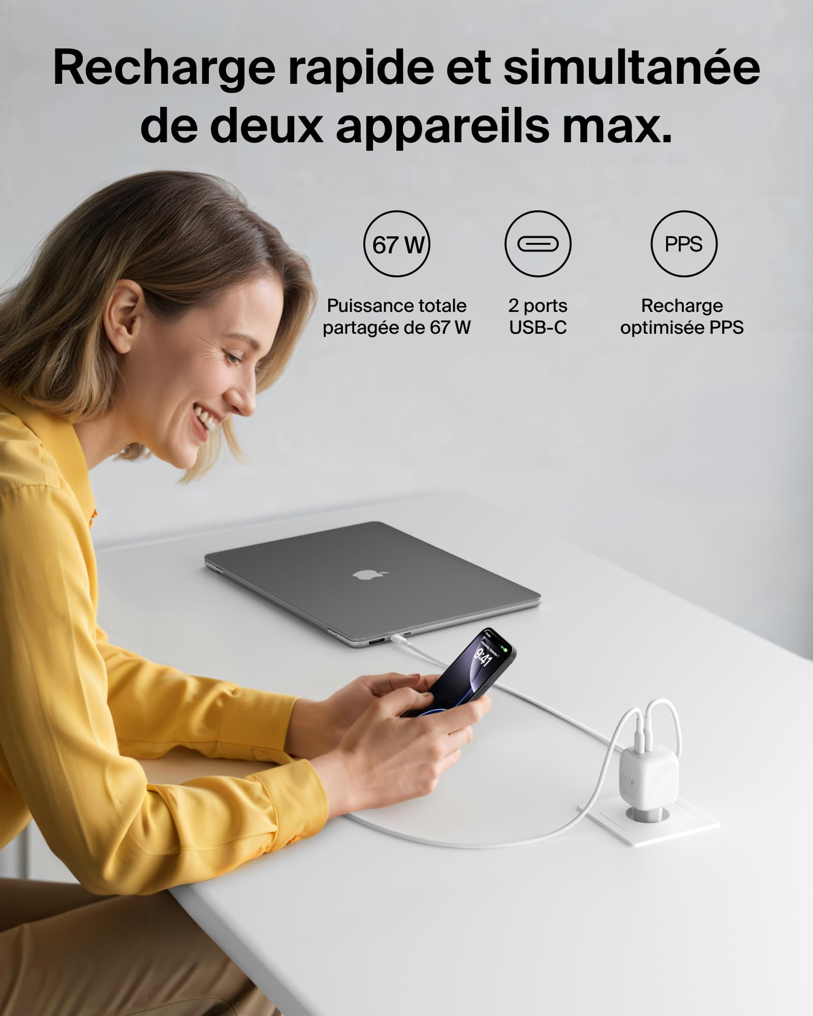 belkin-boostcharge-pro-chargeur-usb-c-gan-67-w-2-ports-blanc image 2