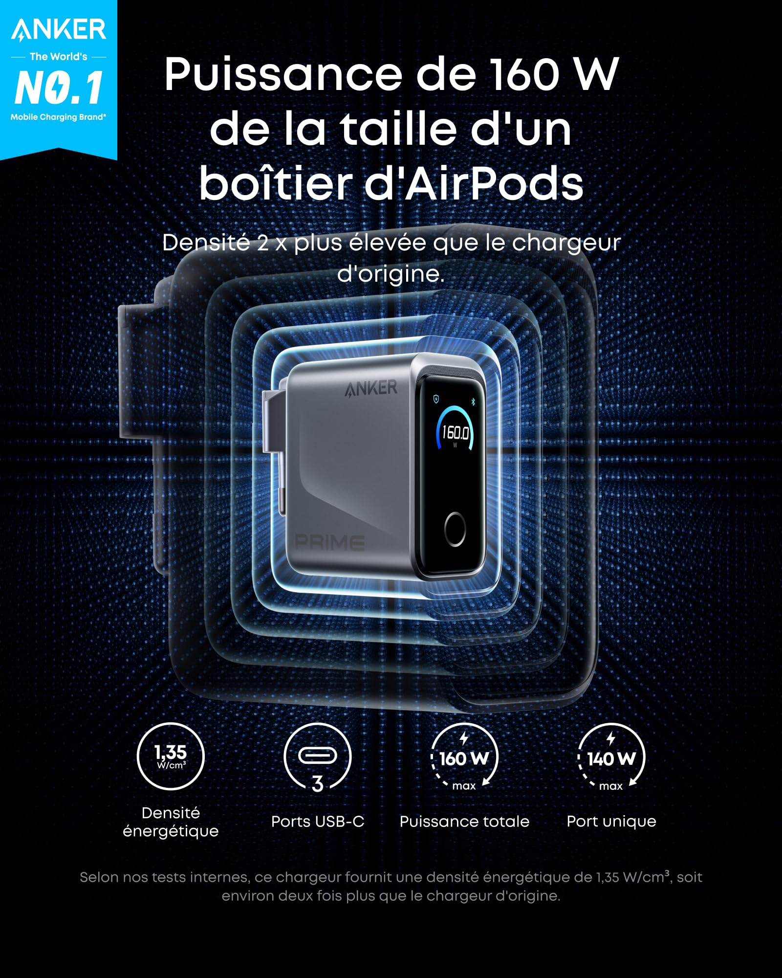 anker-prime-chargeur-usb-c-160w-3-ports-cran-intelligent image 2