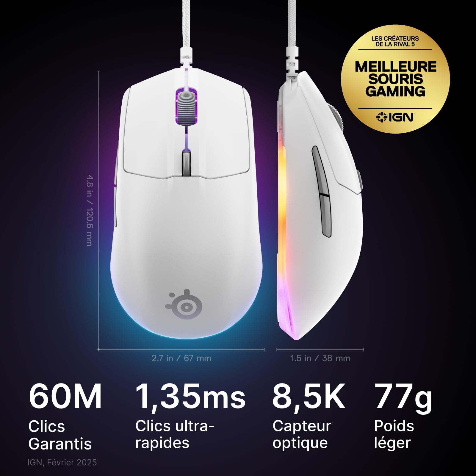 steelseries-rival-3-gen-2-souris-gaming-8500-dpi-blanc-77-g-rgb image 2