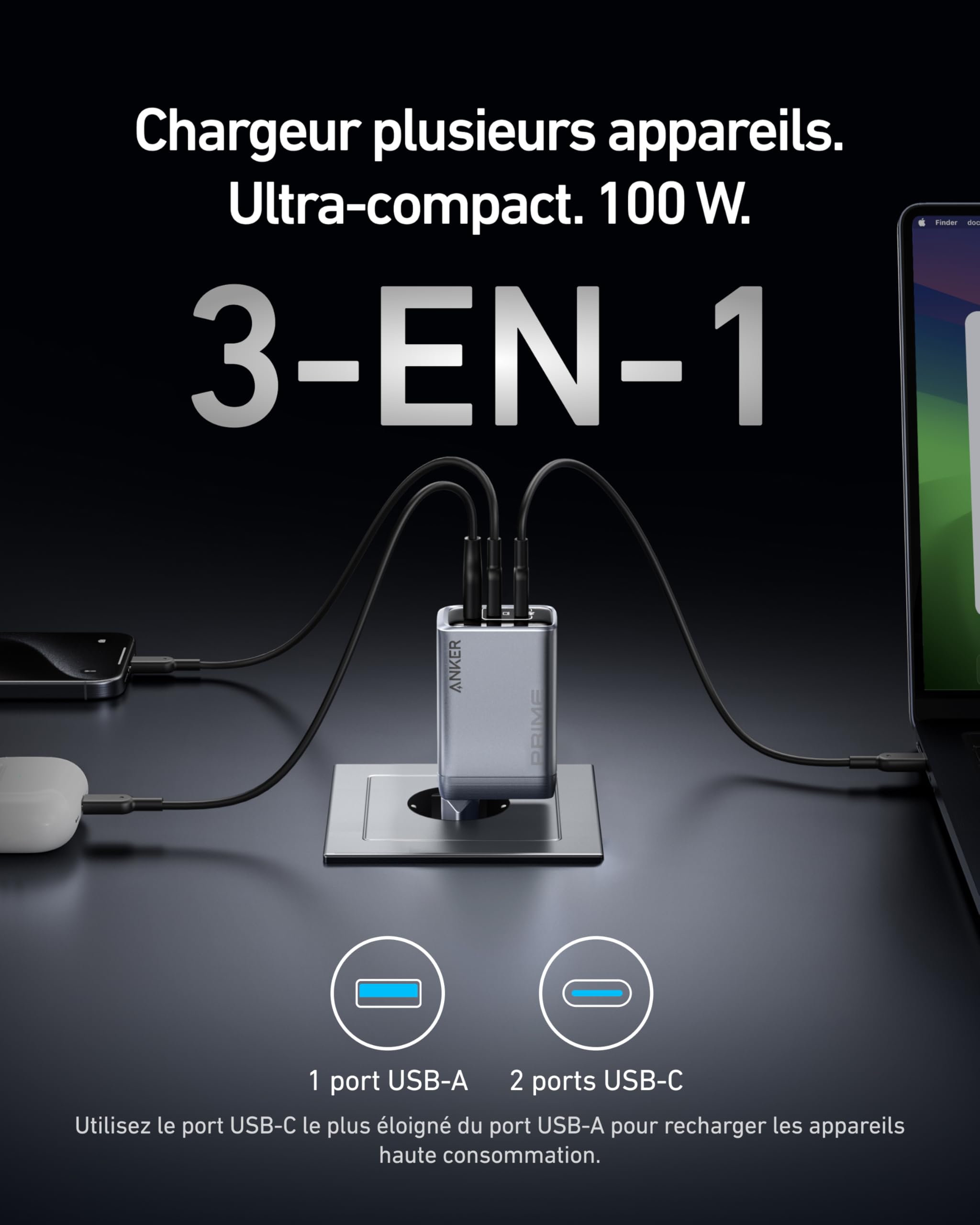 anker-prime-chargeur-usb-c-100w-gan-3-ports-pliable image 2
