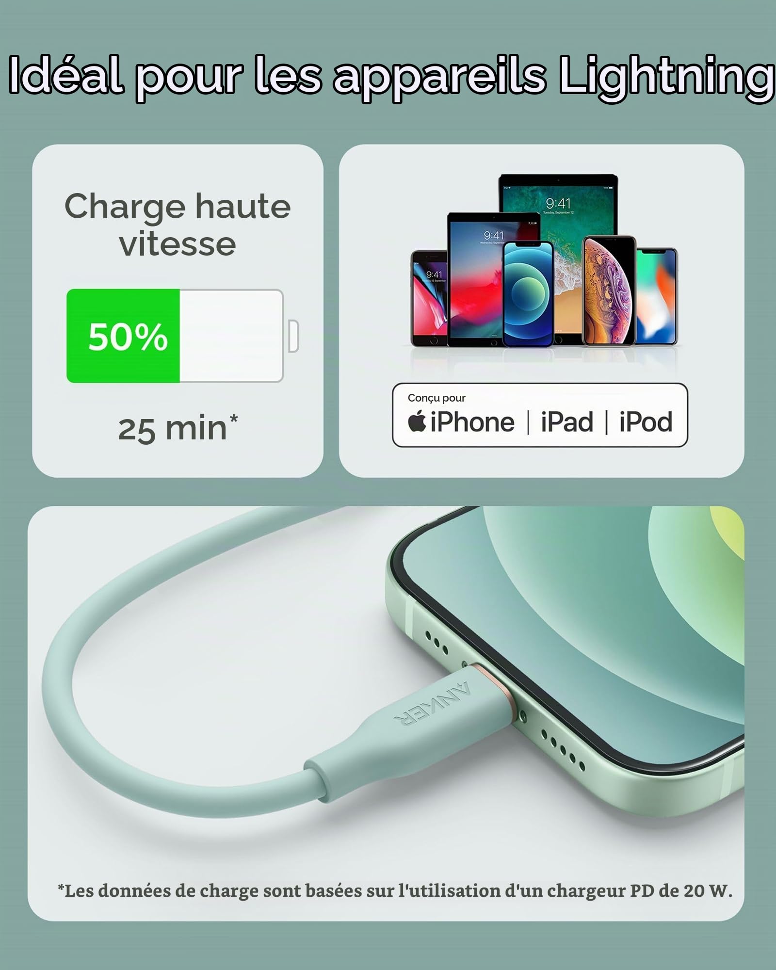 anker-powerline-iii-flow-c-ble-usb-c-vers-lightning-90-cm-menthe image 6
