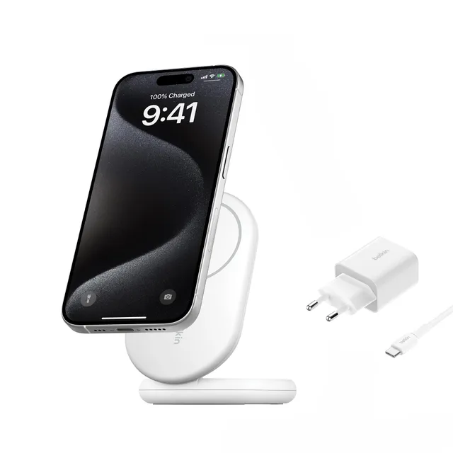 belkin-boostcharge-socle-de-recharge-qi2-15w-pliable-magsafe-blanc-avec-adaptate image 1