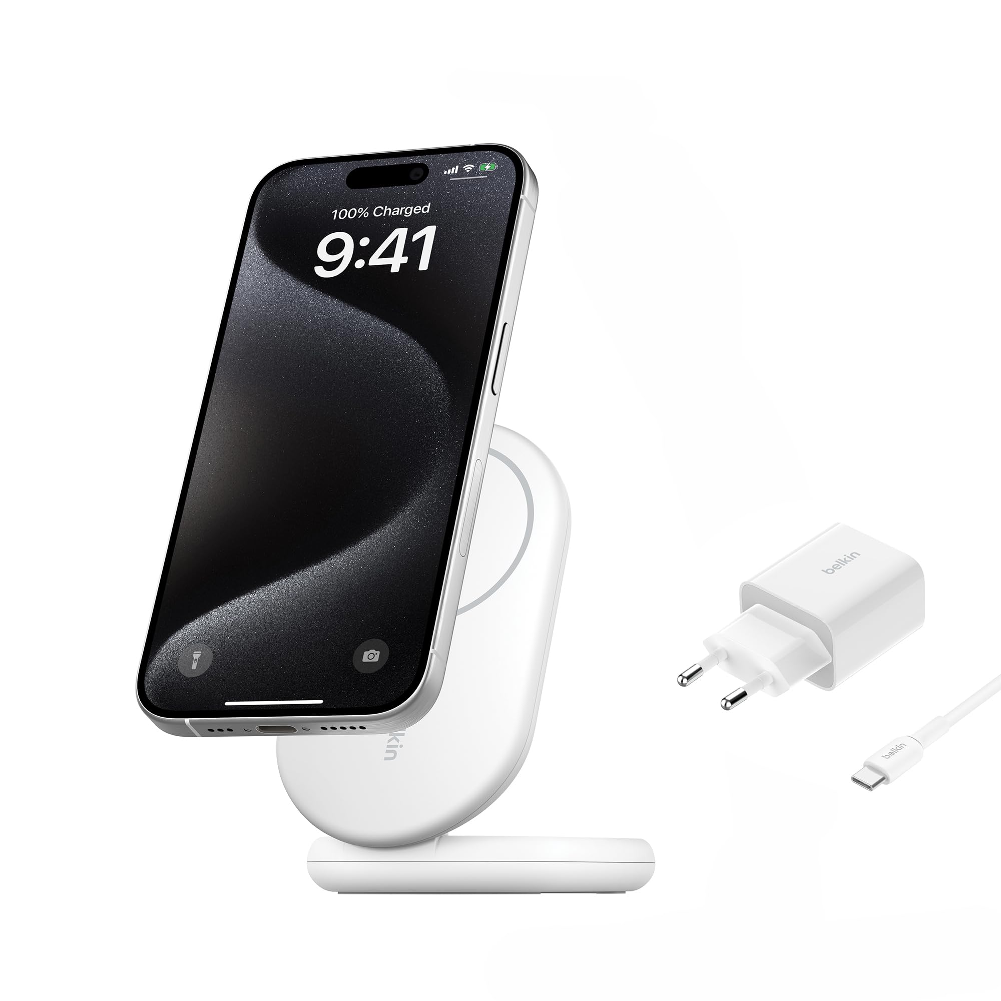 belkin-boostcharge-socle-de-recharge-qi2-15w-pliable-magsafe-blanc-avec-adaptate image 1