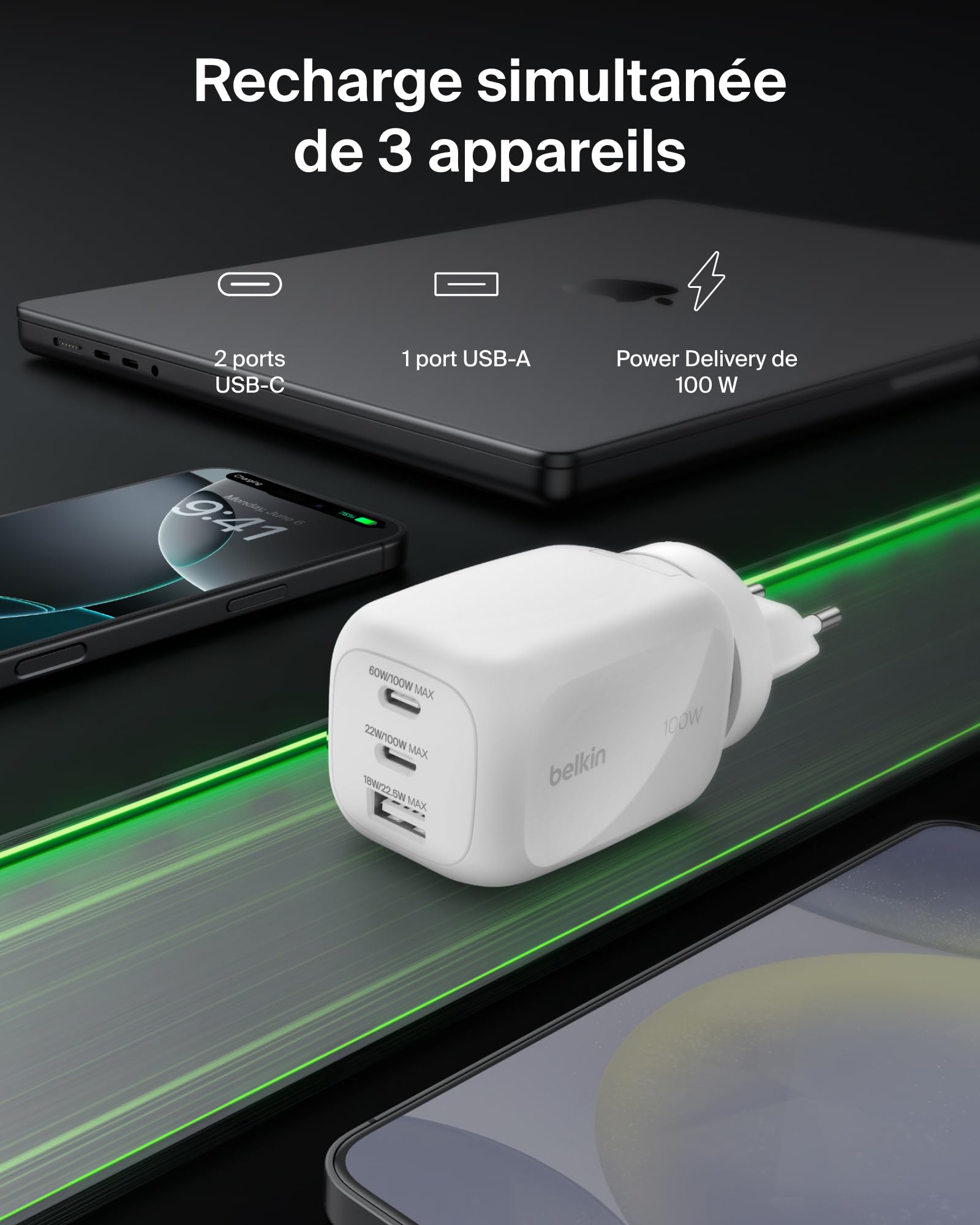 belkin-chargeur-secteur-gan-100w-3-ports-2x-usb-c-usb-a image 2