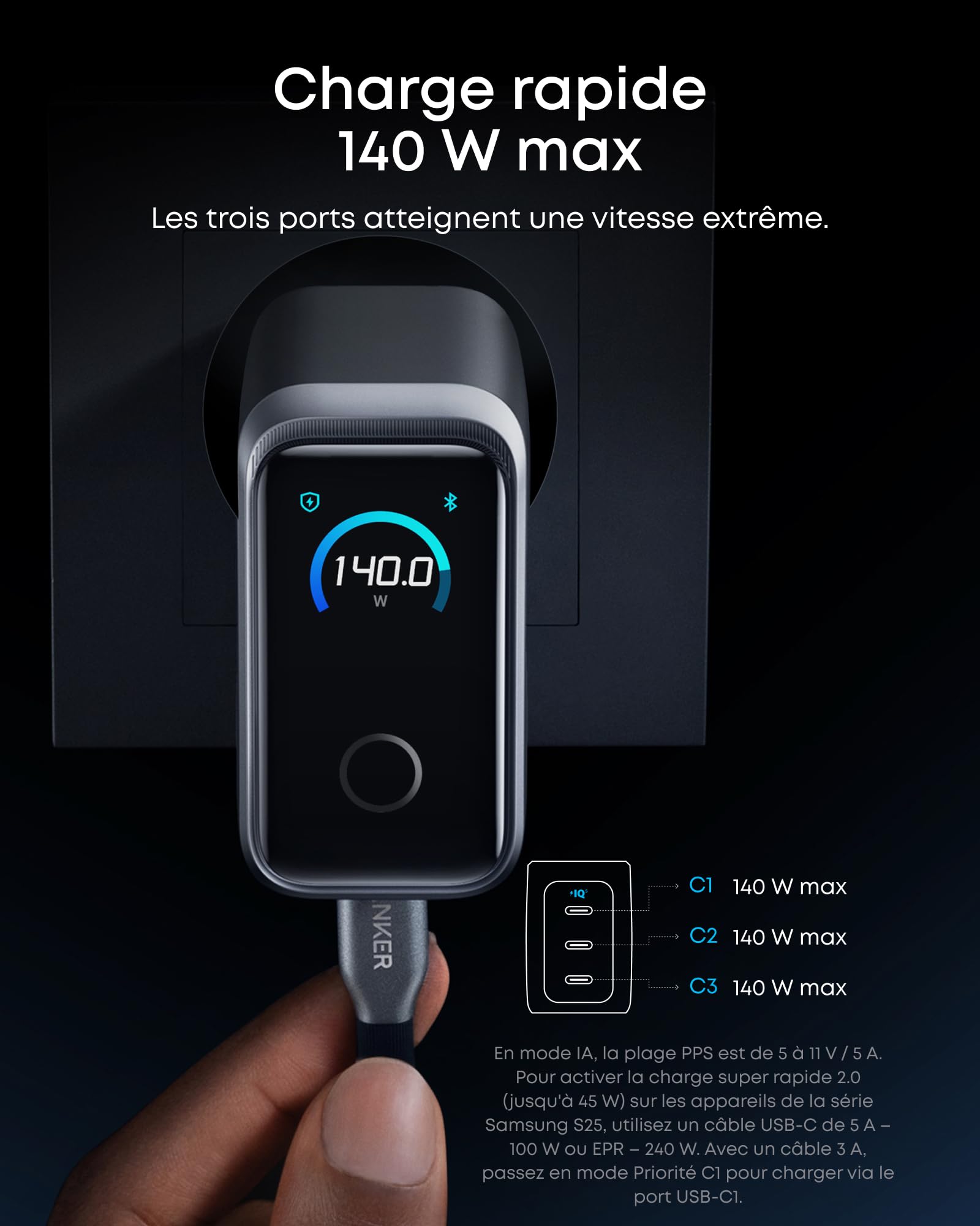 anker-prime-chargeur-usb-c-160w-3-ports-cran-intelligent image 4