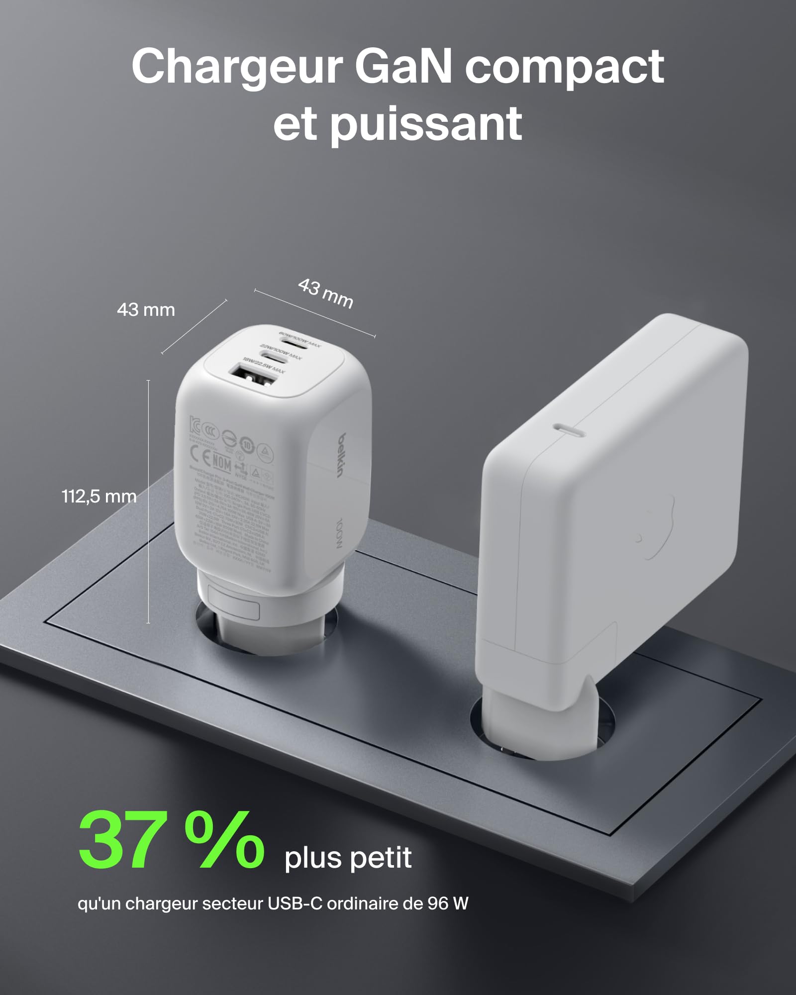 belkin-chargeur-secteur-gan-100w-3-ports-2x-usb-c-usb-a image 5